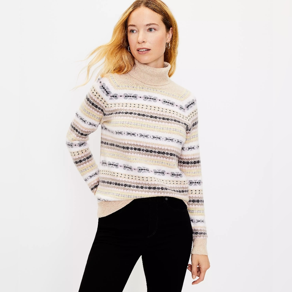 LOFT Striped Neutral Beige Fair Isle Turtleneck Sweater Women's Size Large L - Picture 12 of 12